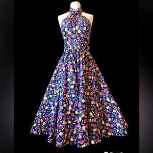 Vintage Victor Costa Floral Halter Dress Retro 50s style M  Summer Midi Dress